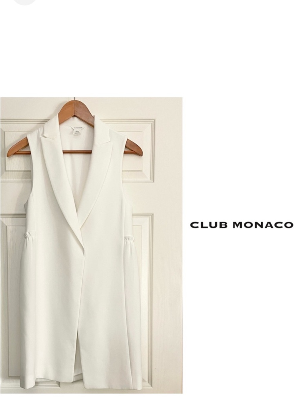 Club Monaco white open front sleeveless blazer cardigan duster vest, Size XS
